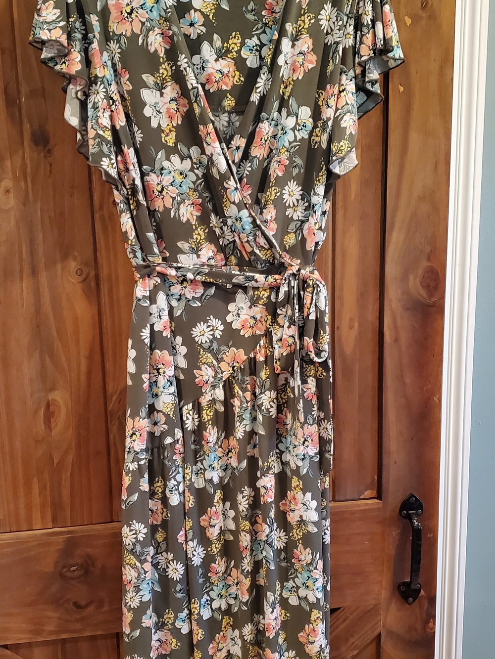 Cato Olive Floral Wrap Dress with Pastel Blooms